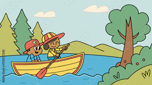 Cute cartoon children rowing boat on lake illustration for kids adventure and outdoor activities fun trip