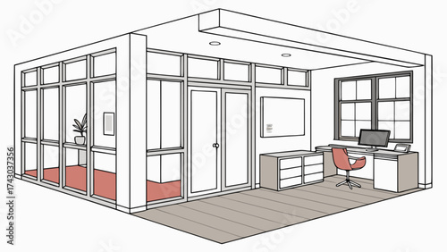 Modern office interior design with glass walls desk and chair minimalist workspace illustration