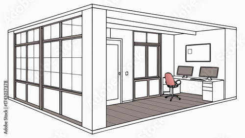 Office interior design with desk, chair, computers, and large windows architecture visualization