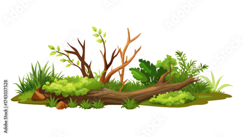 Illustration of fallen log with moss and grass for nature scene creation and landscape design use