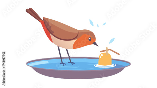 Illustration of a robin bird bathing in a bird bath drinking water cute bird illustration vector art