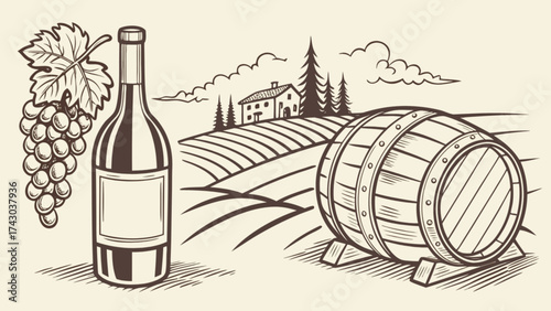 Vintage wine illustration with barrel, grapes, and vineyard landscape for winery branding design