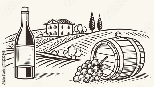 Vintage wine vineyard landscape drawing with bottle, grapes, barrel and house illustration vector