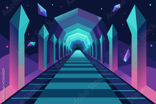 tunnel made of shifting crystal prisms and soft ne