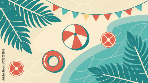 Summer pool party vector illustration with beach ball and palm leaves for vacation background design
