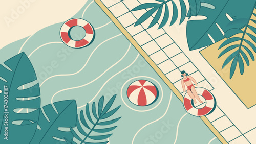 Illustration of summer pool scene with woman, float, palm leaves and beach ball for vacation fun