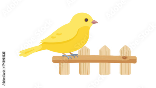 Illustration of a cute yellow canary bird perched on a wooden fence vector graphic design image