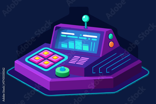 purple and cyan sci fi control console with 3d hol