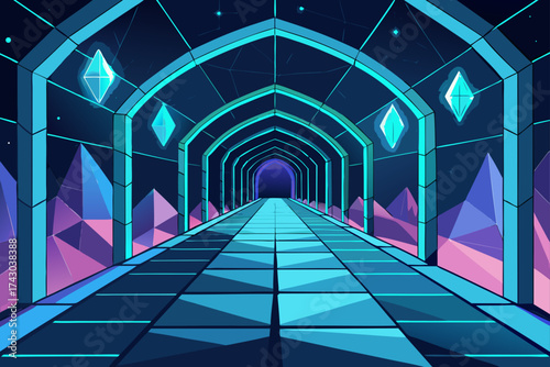 neon lit tunnel made of translucent crystal panels