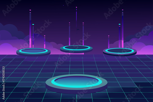 grid of glowing circular platforms suspended in di