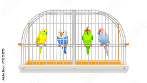 Colorful parakeets in birdcage illustration, pet bird cage with parakeets, birdcage graphic design