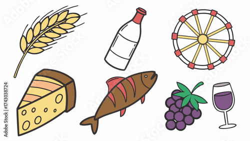 Illustration of wheat, wine bottle, ferris wheel, cheese, fish, grapes, and wine glass vector art