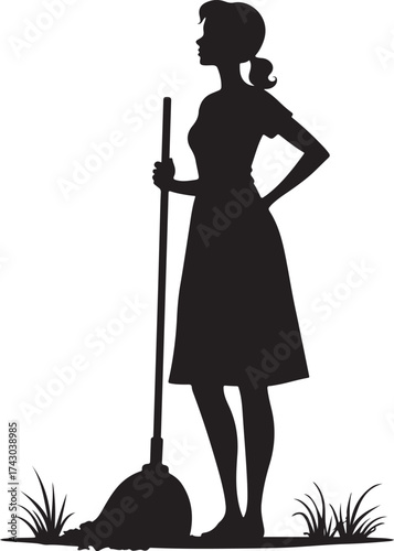 Silhouette of woman with broom and grass female cleaning