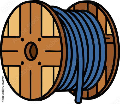 Cartoon Wooden Cable Reel with Blue Wire, Black Outline, Industrial Spool
