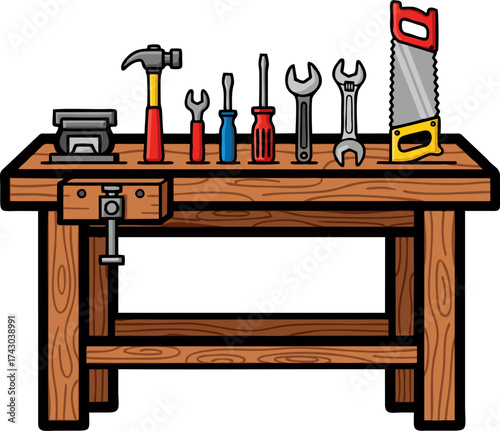 Cartoon Workbench Displaying a Hammer, Screwdrivers, Wrenches, and a Hand Saw
