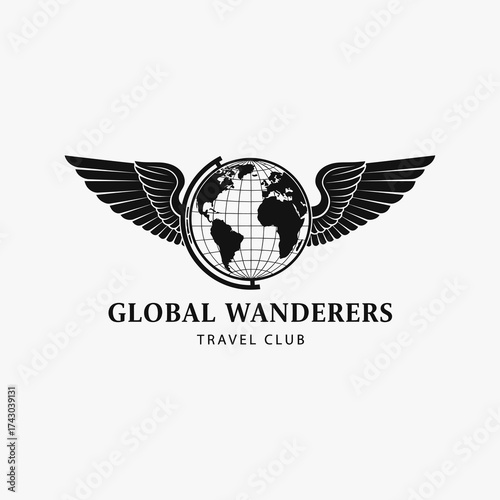 Global Wanderers Travel Club Logo Featuring a Globe with Wings, Symbolizing Worldwide Travel.