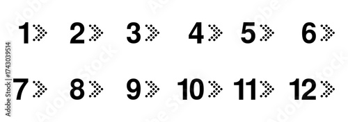 black twelve bullet points, from 1 to 12 dotted triangle arrow markers, vector infographics elements