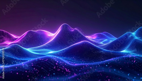 Abstract 3D waves of data flowing upward, glowing blue and purple tones, digital growth and innovation concept, soft lighting, futuristic background