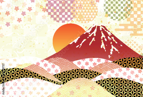 富士山　和柄　年賀状　背景	