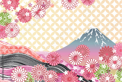 桜　富士山　和柄　年賀状　背景	