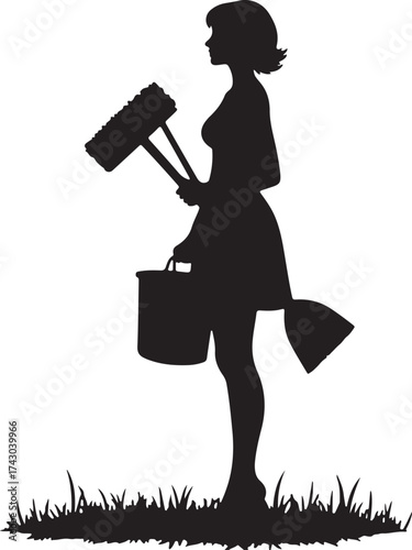 Silhouette woman holding cleaning tools and bucket