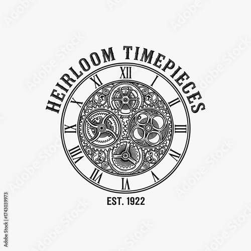 Intricate mechanical clock face design with roman numerals and gears, elegant vintage style.