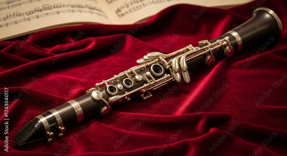 Naklejka premium A clarinet rests on red velvet with sheet music peeking from the upper left