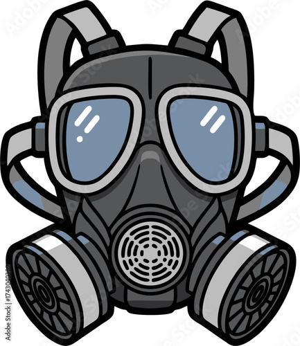 Detailed Cartoon Gas Mask with Blue Tinted Lenses and Dual Filters