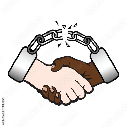 Unity handshake illustration with broken chain symbolizing freedom, equality, solidarity, anti-racism, justice, and peace