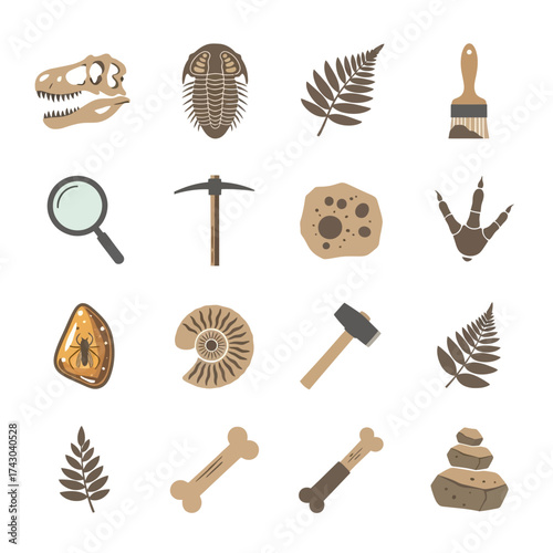 Paleontology Icons Set - Fossils, Tools, and Geological Finds.