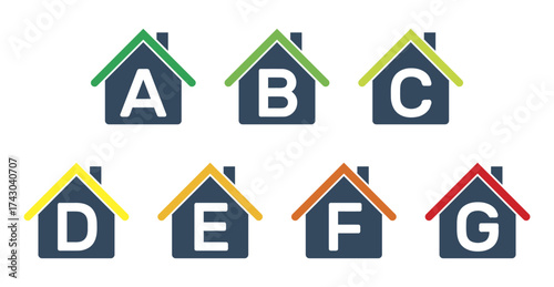 house energy efficiency rating, european union ecological classes from green a to red g, vector icons set