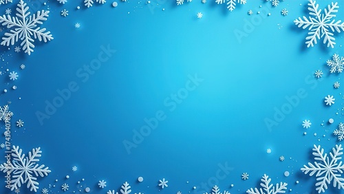 White snowflakes on a blue background. Holiday ornament. Banner. There is space for text.