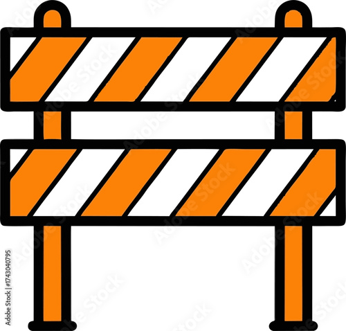 Orange and White Striped Road Barrier with Black Outline Illustration