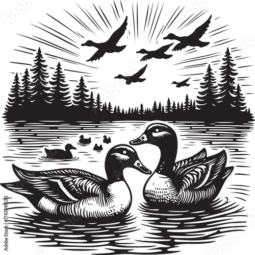 Two ducks swimming on water with flock flying above trees
