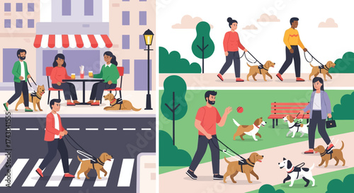 People Walking Dogs in Various Outdoor Settings Illustration.