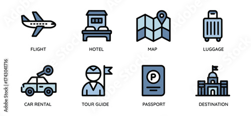 Travel icon set with airplane hotel map and luggage for vacation