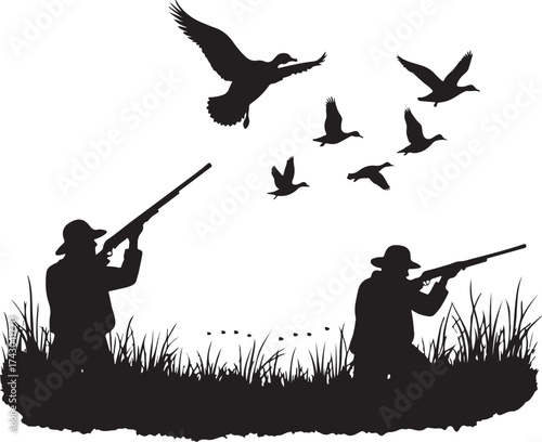 Two hunters aiming shotguns at flock of flying ducks