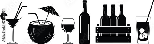 Black and white vector illustration of various drinks and wine