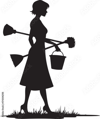 Woman silhouette carrying cleaning tools and bucket