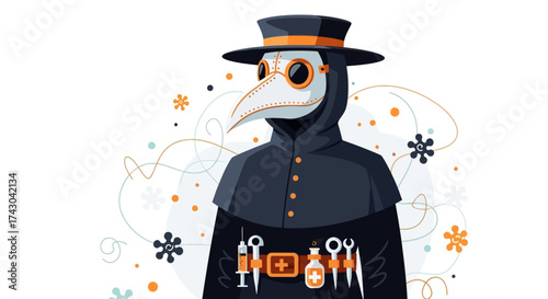 Plague Doctor Illustration with Traditional Outfit and Medical Tools.