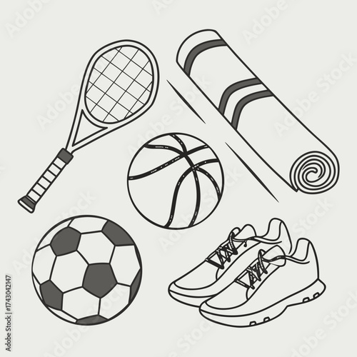 Collection of hand drawn sports equipment and athletic gear