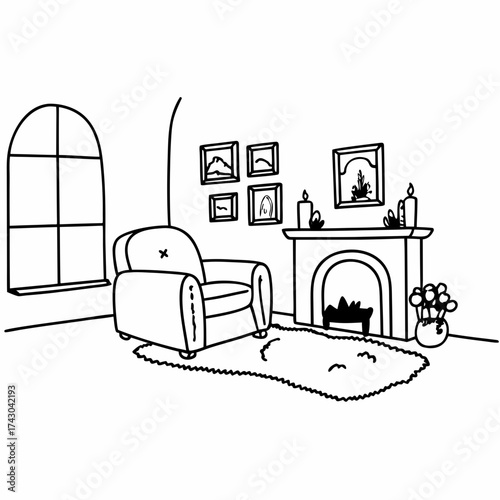 Cozy living room scene with armchair fireplace and window