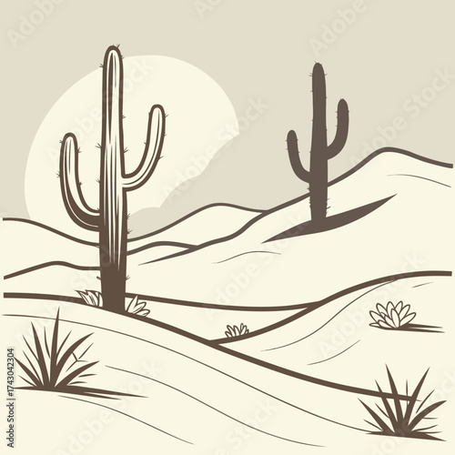 Desert landscape with saguaro cacti and rolling dunes under a large sun