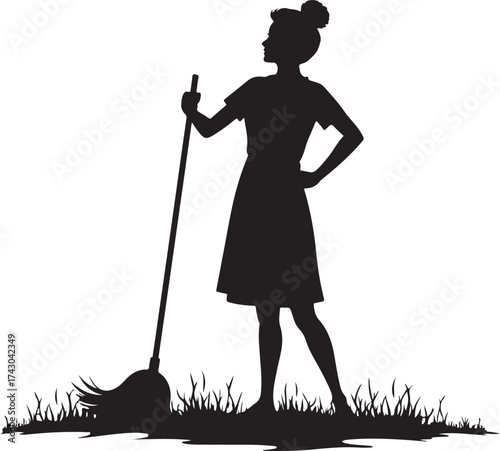 Woman silhouette with mop standing in grass female