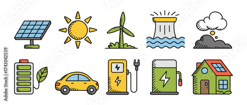 Colorful set of renewable energy resources icons and environmental elements