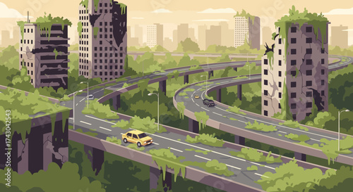 Post-Apocalyptic Cityscape with Overgrown Highways and Lone Car.