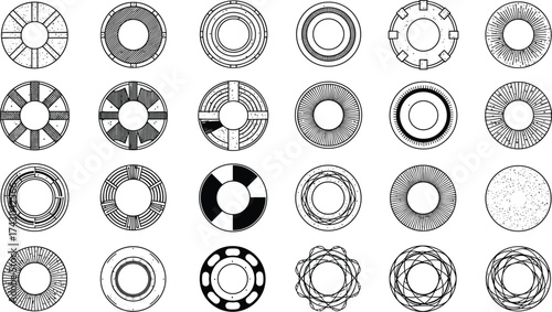 Set of abstract circular vector elements, radial geometric patterns, modern round icons for technology, UI, graphic design, and backgrounds.Set 