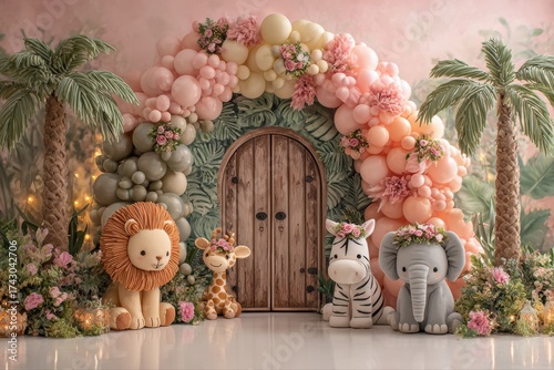 Whimsical Animal Decor for Children's Party with Balloon Arch