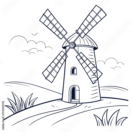 Line art illustration of a traditional windmill in a rural landscape