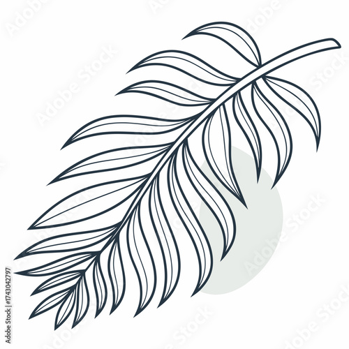 Minimalist dark outline of a palm frond with a subtle pastel circle